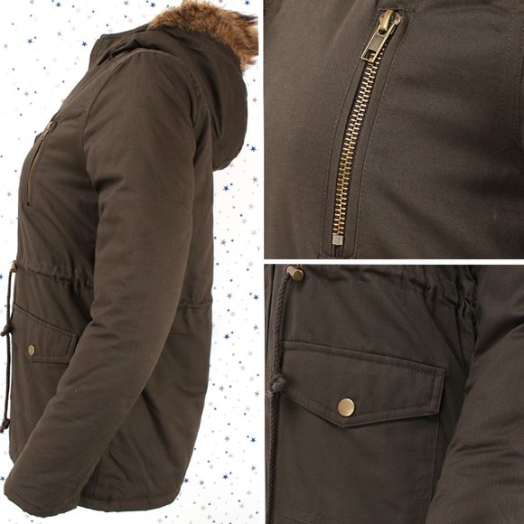 Olive Faux Fur Hooded Utility Parka Jacket - Picture 4 of 7